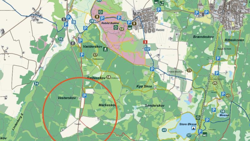 Afmærkning af Tveden og parkeringsplads på Rold Skov oversigtskort
